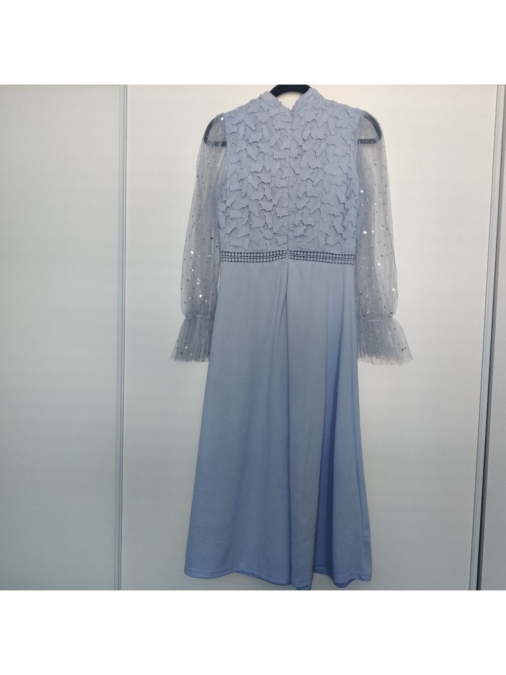 SHEIN Blue Floral Lace Midi Dress Sequin Sheer Sleeve Wedding Guest M 0501 - Picture 4 of 9